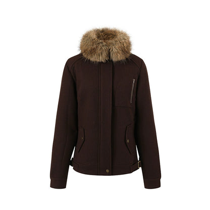 Brown Faux Fur Collar Slim Wool Jacket