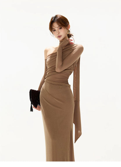 One-Shoulder Mesh Cut-Out Maxi Dress