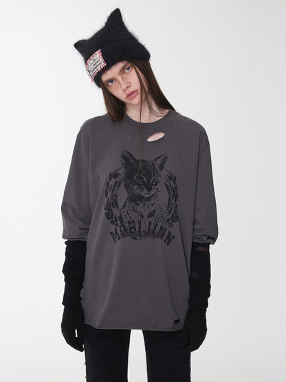 Vintage Cat &amp; Dog Print Distressed Long-Sleeve Tee