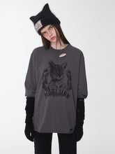 Vintage Cat & Dog Print Distressed Long-Sleeve Tee - CHINASQUAD