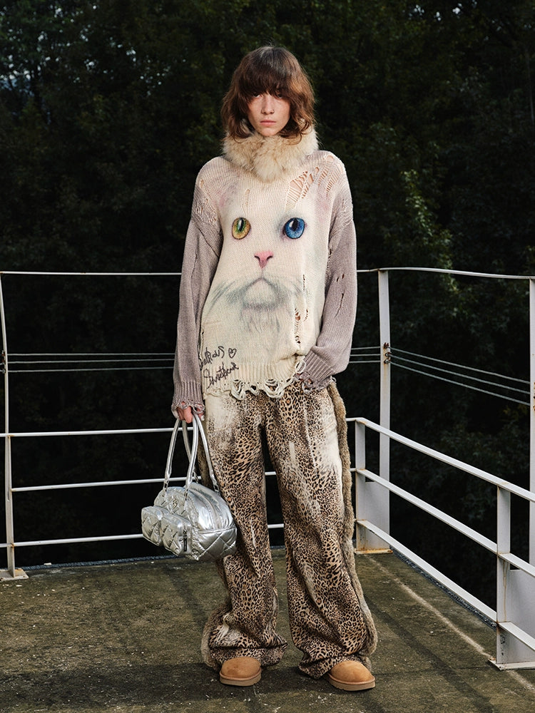 Cat Print Distressed Knit Sweater