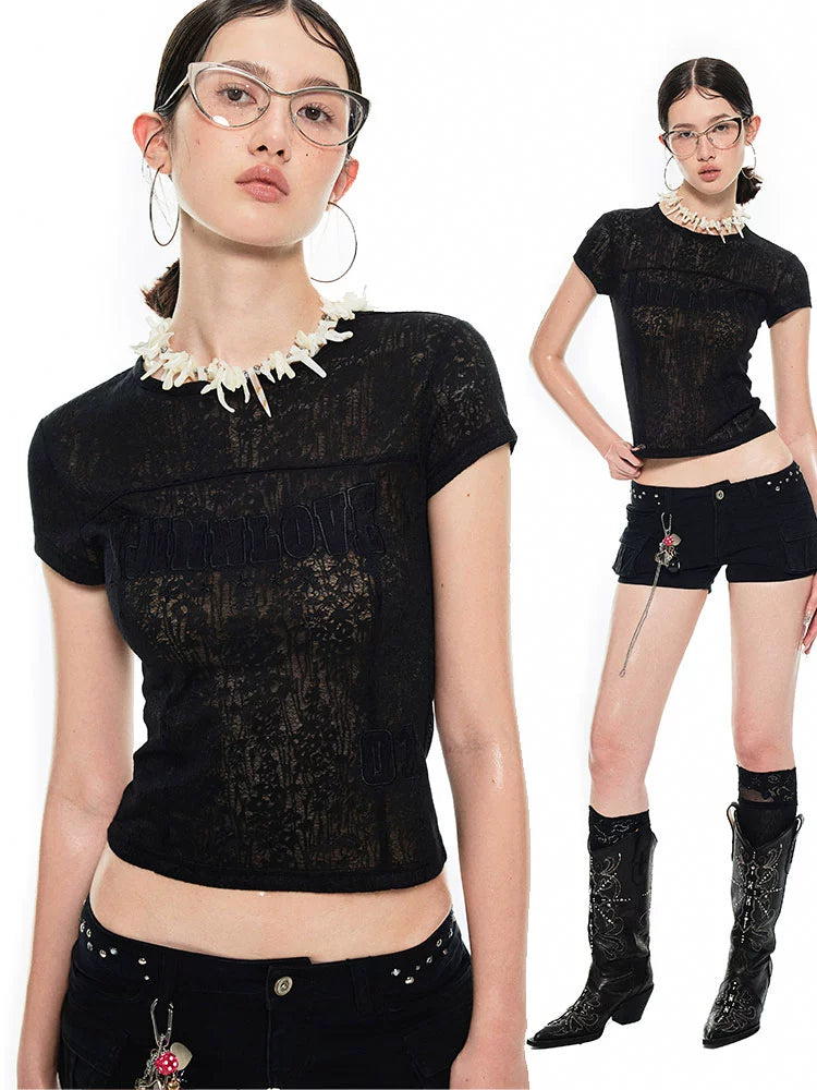 Black &amp; Pink Lace Shoulder T-shirt