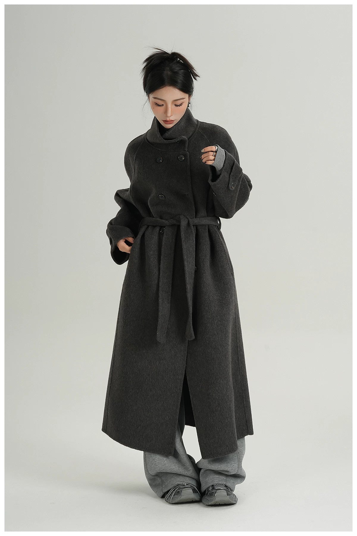 Stand-Collar Long Wool Coat
