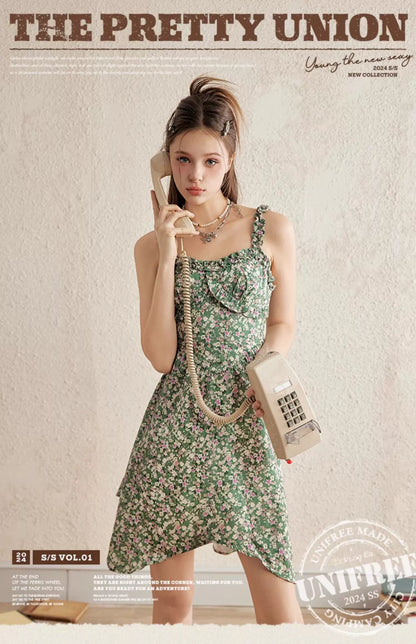 Green Floral Spaghetti Strap Dress