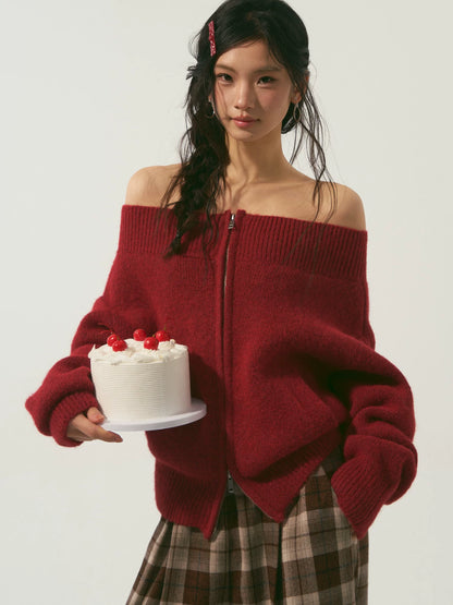Relaxed Off-Shoulder Zip-Up Knit Cardigan
