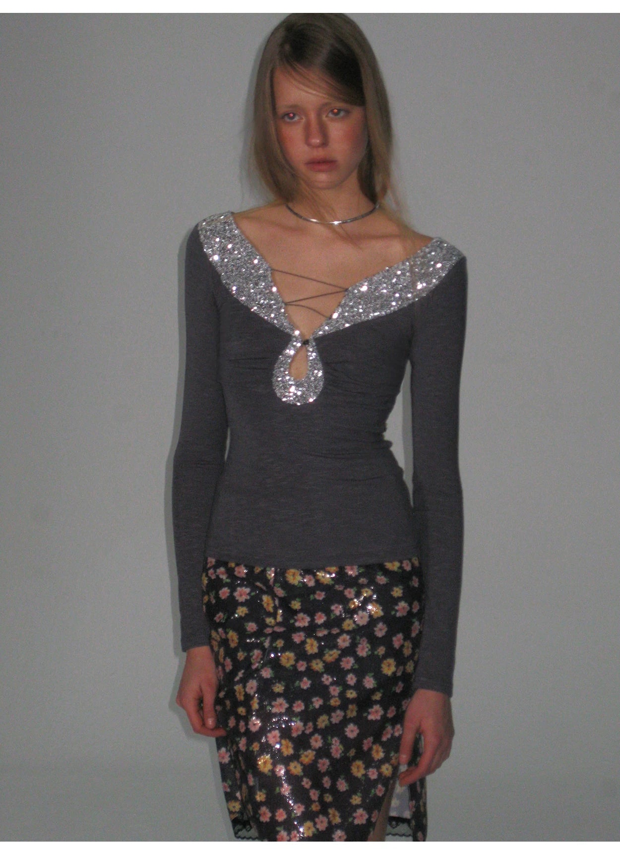 Cut-Out Lace-Up Slim Fit Long Sleeve Top