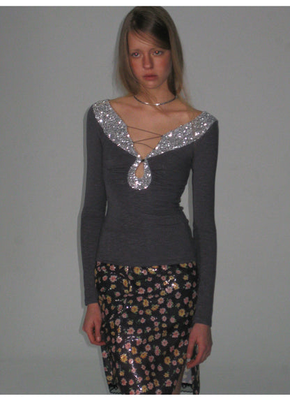 Cut-Out Lace-Up Slim Fit Long Sleeve Top