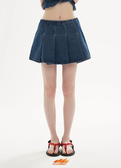 Dark Blue &amp; Light Blue Denim Pleated Skirt - CHINASQUAD