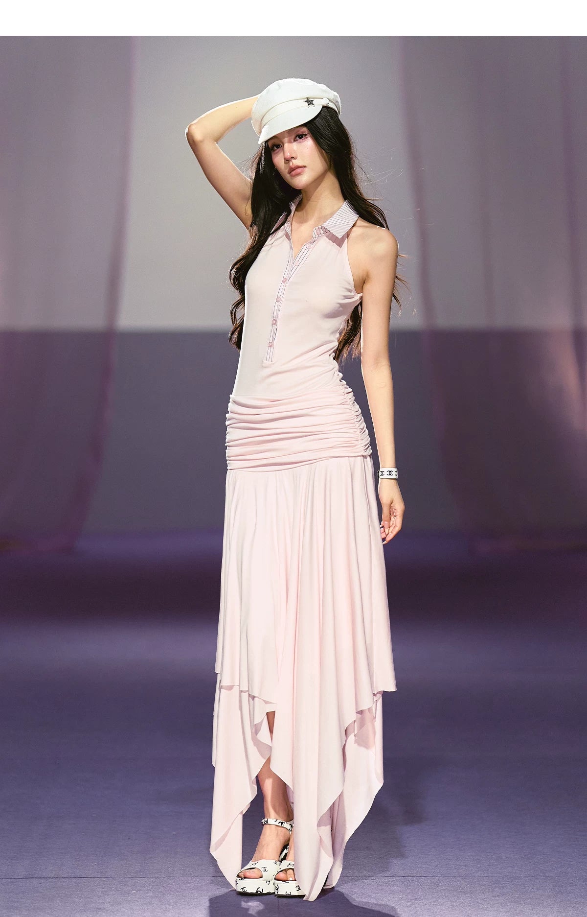 Vintage-Inspired Irregular Hem Shirt-Collar Sleeveless Maxi Dress
