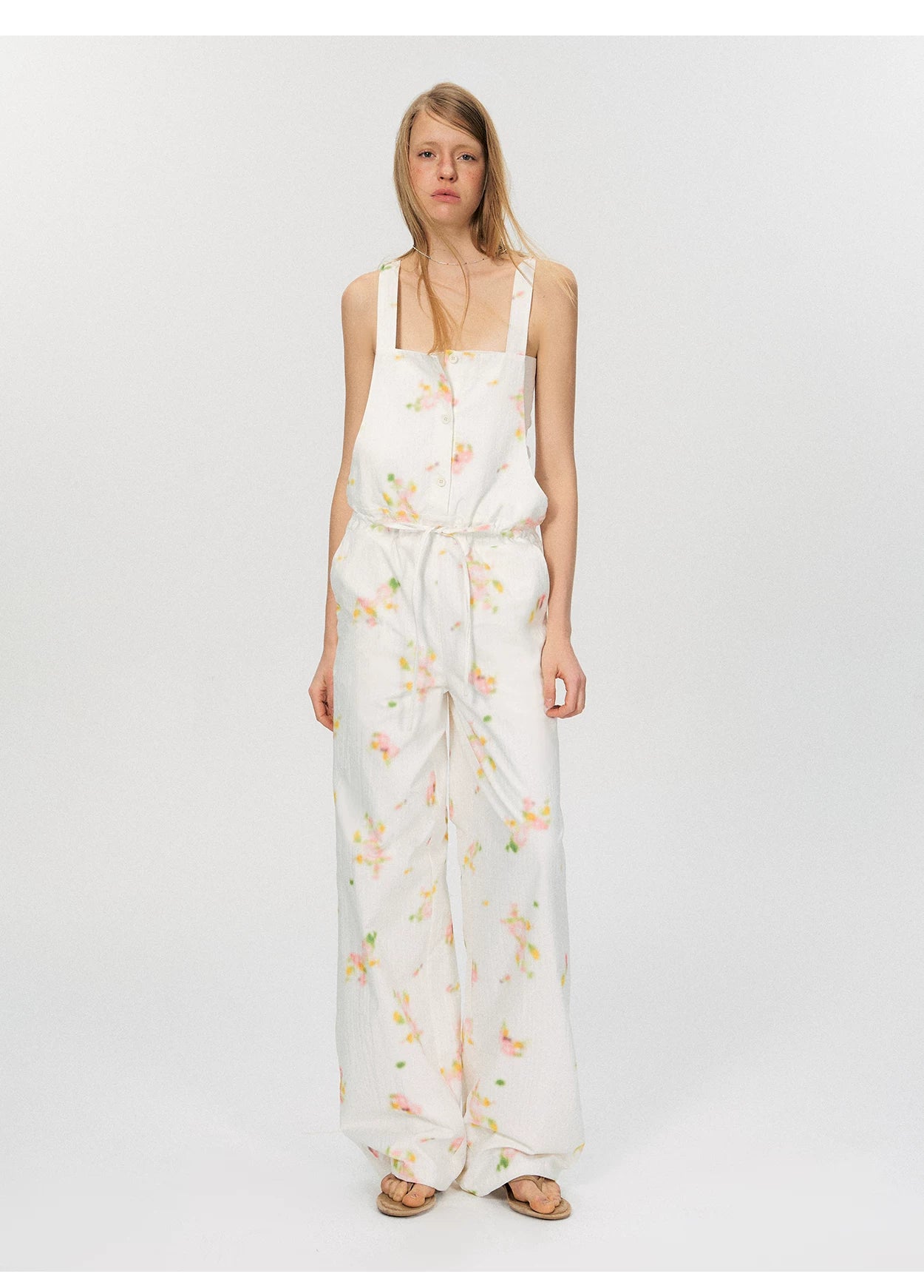Vintage Soft-Blur Floral Backless Strap Jumpsuit