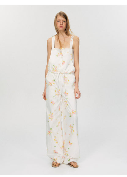 Vintage Soft-Blur Floral Backless Strap Jumpsuit
