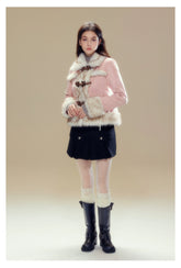 Pink Suede Butterfly Horn Button Shearling Coat - CHINASQUAD