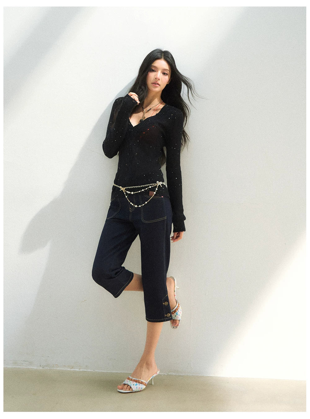 Distressed Openwork V-Neck Knit Top