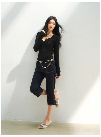 Distressed Openwork V-Neck Knit Top