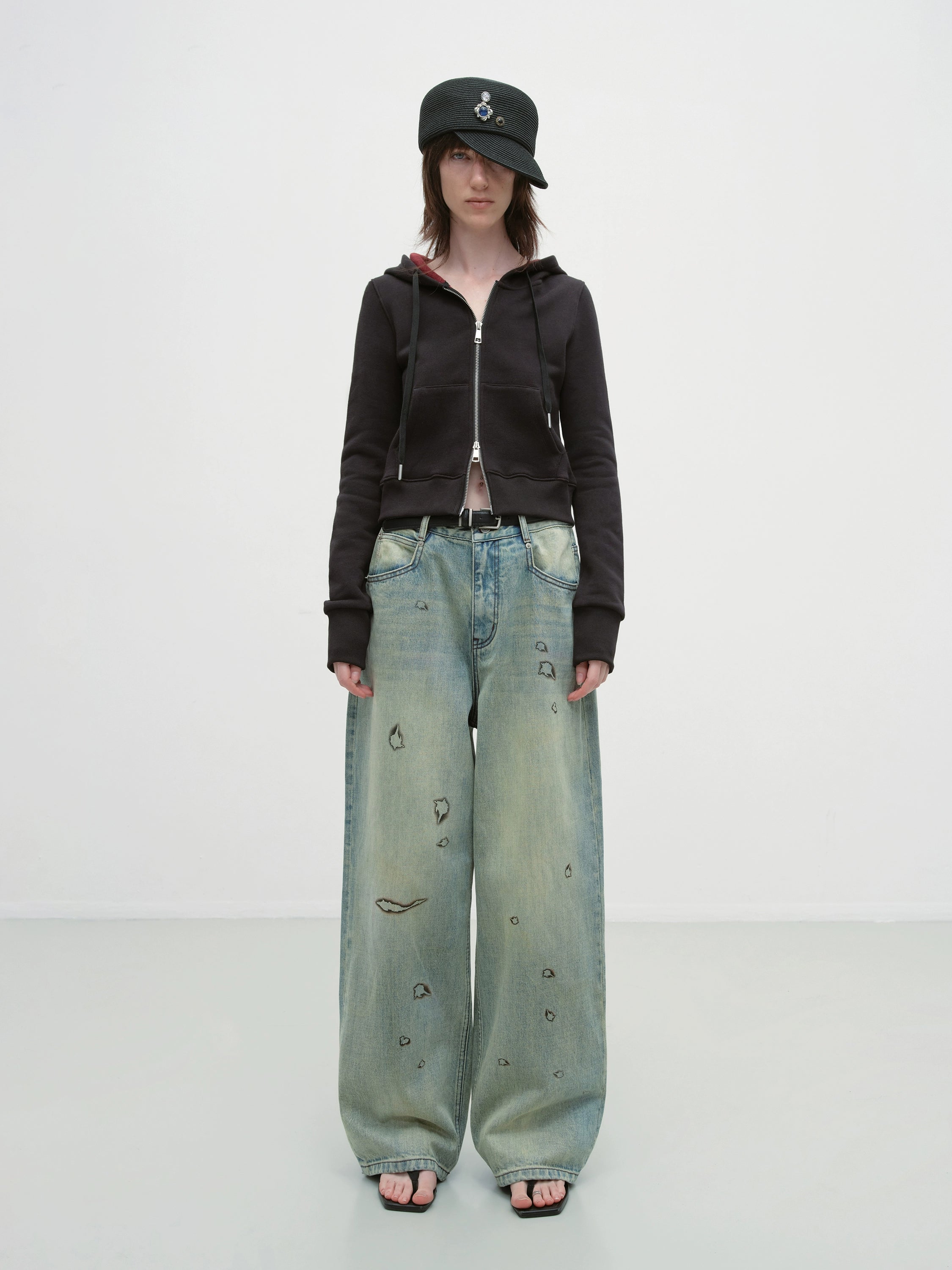 Vintage Burnt-Edge Printed Washed Denim Pants - CHINASQUAD