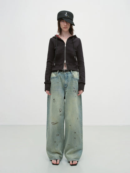 Vintage Burnt-Edge Printed Washed Denim Pants - CHINASQUAD