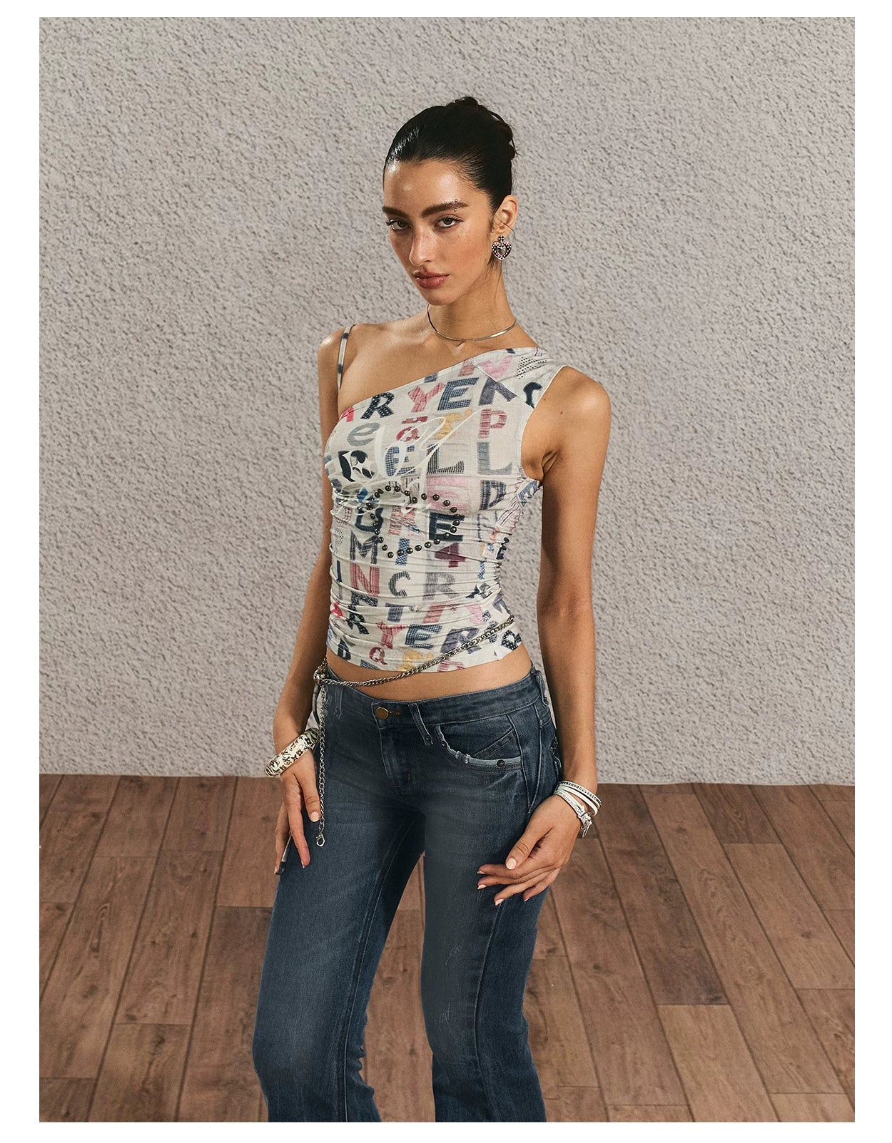 Vintage Graphic One-Shoulder Cinched Crop Tee