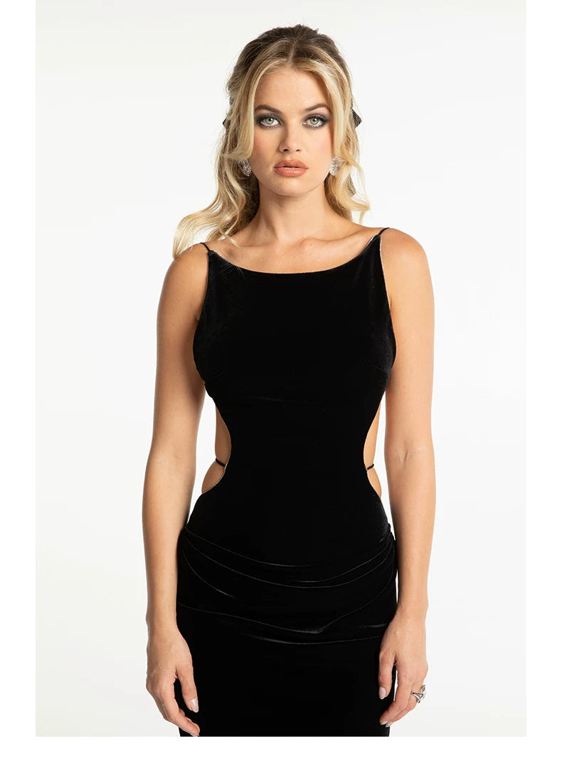 Crystal-Trim Velvet Backless Dress