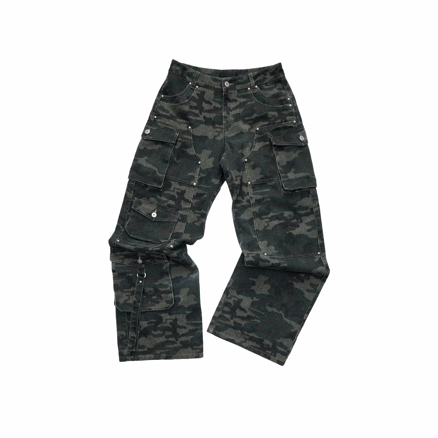 Washed Camouflage Multi-Pocket Cargo Wide-Leg Pants
