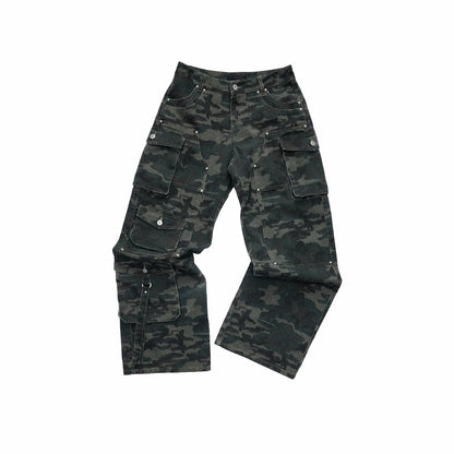 Washed Camouflage Multi-Pocket Cargo Wide-Leg Pants