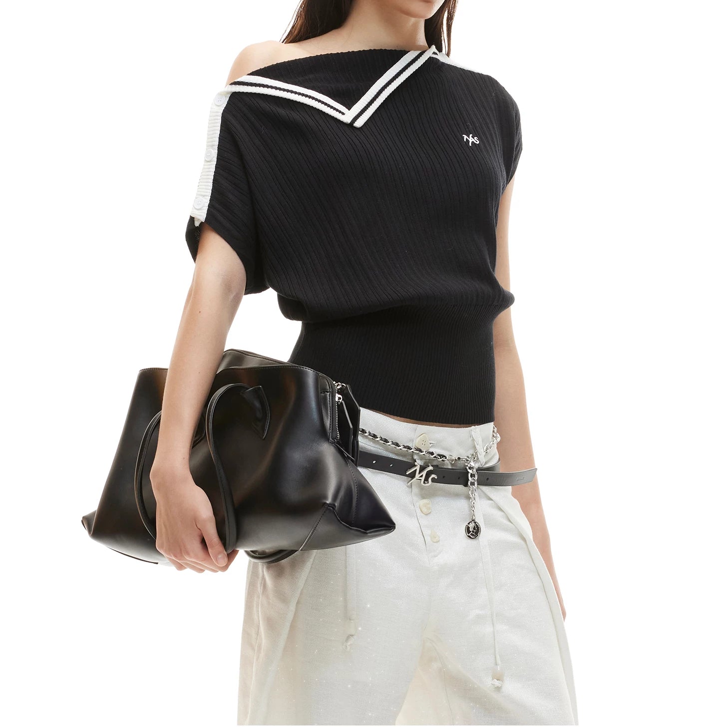 Asymmetric Off-Shoulder Contrast Trim Cinched Tee