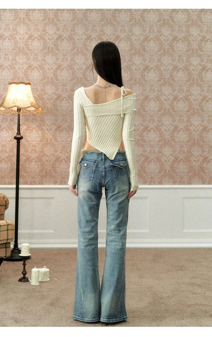 Apricot &amp; Gray Off-shoulder Asymmetric Sweater