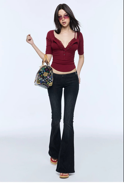Ribbed Lace V-Neck Top Set
