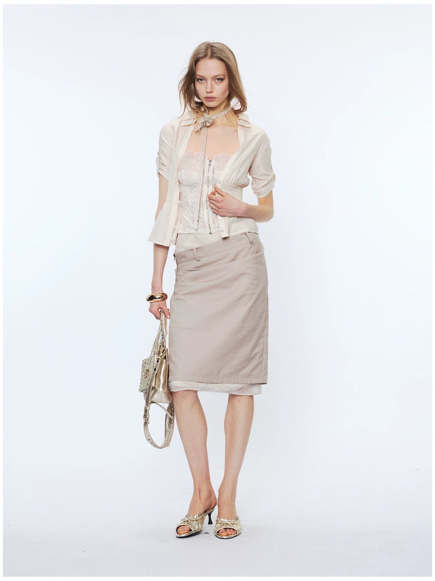 Contrast Lace Panel Two-Piece Shirt