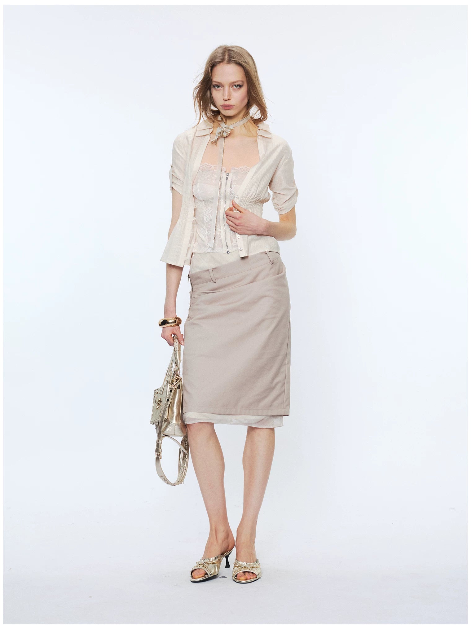 Contrast Lace Panel Two-Piece Shirt