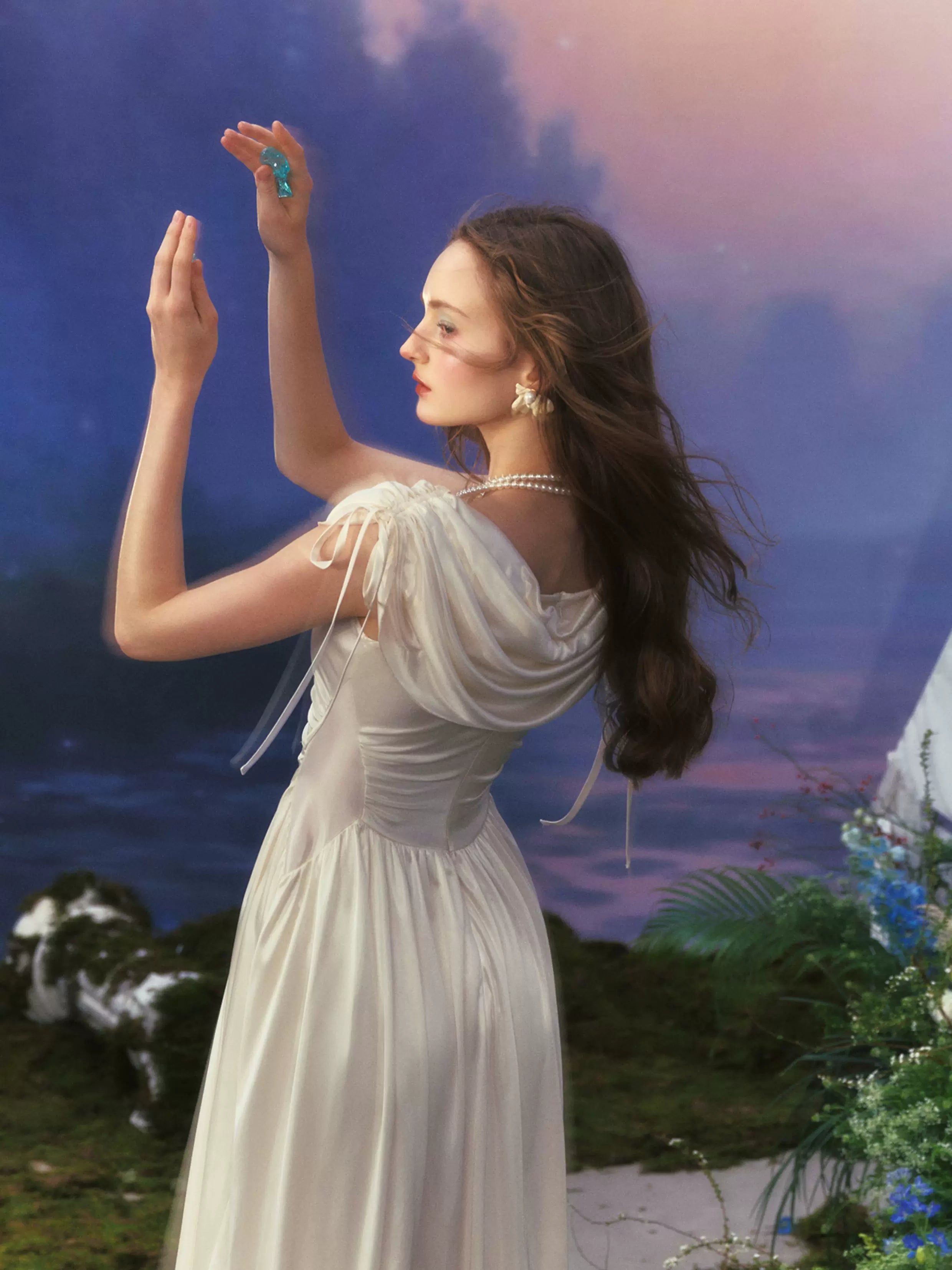 White French Court-Style Draped-Neck Dress