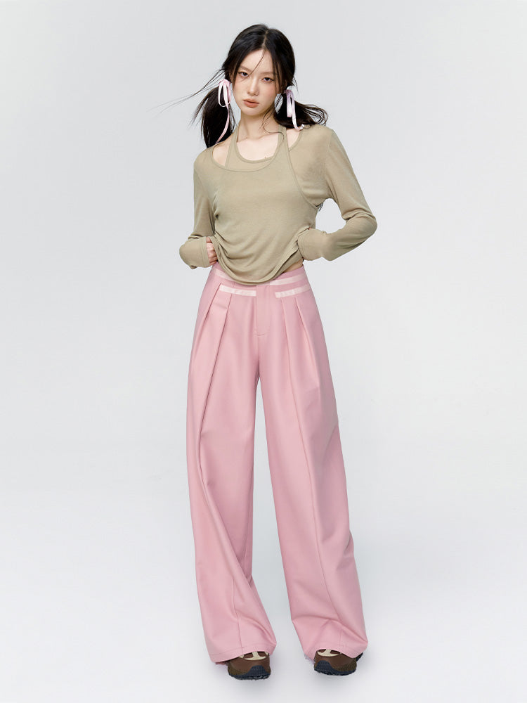 Pink &amp; Grey High-waist Satin Ribbon Trousers - CHINASQUAD