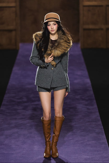 Detachable Fur Collar Wool Tailored Blazer &amp; Shorts Set