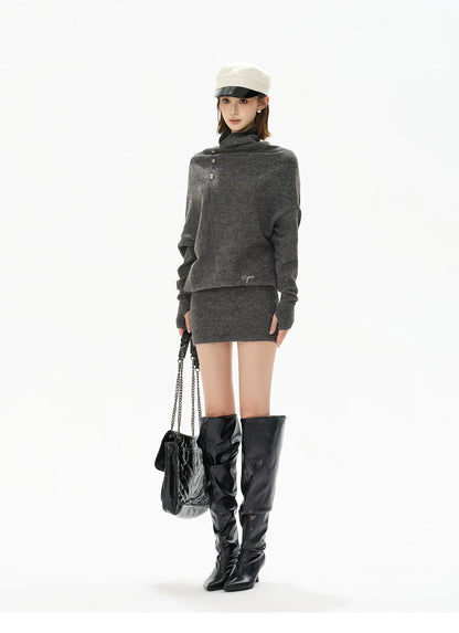 Cowl-Neck Wool Knit Mini Dress