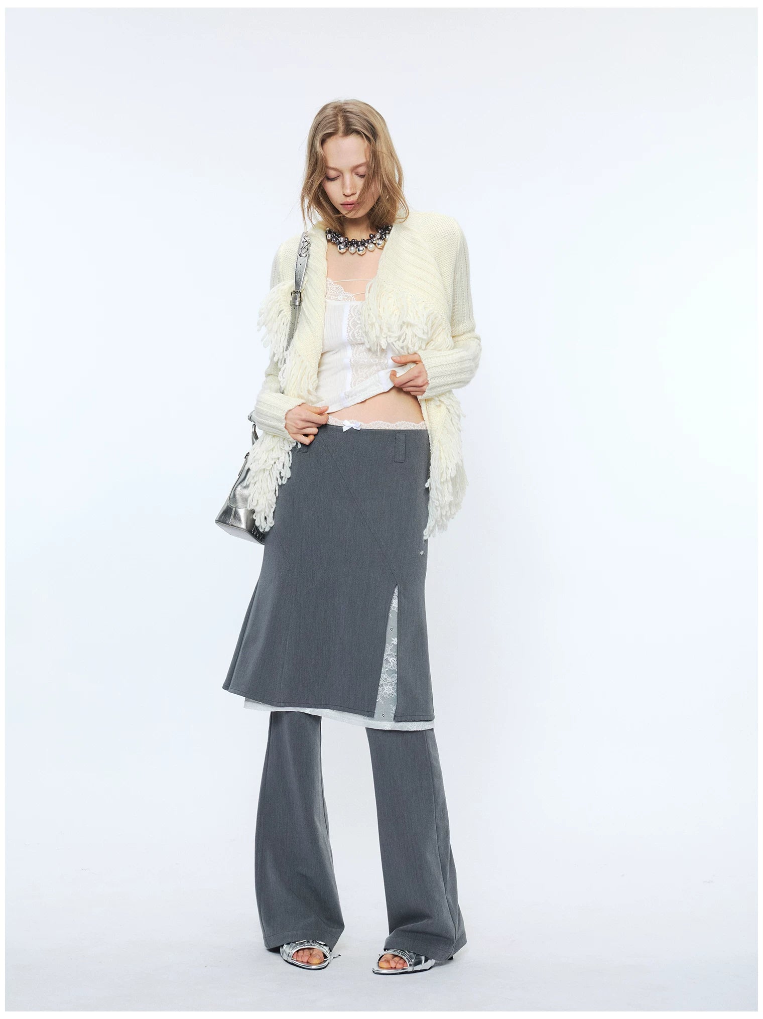 Lace Waist Bow Flared Skirt Pants