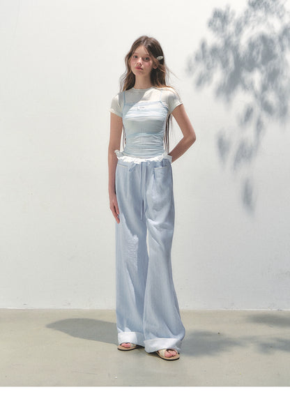 Contrast Color Fake Two-piece Mesh Lace Short-sleeve T-shirt