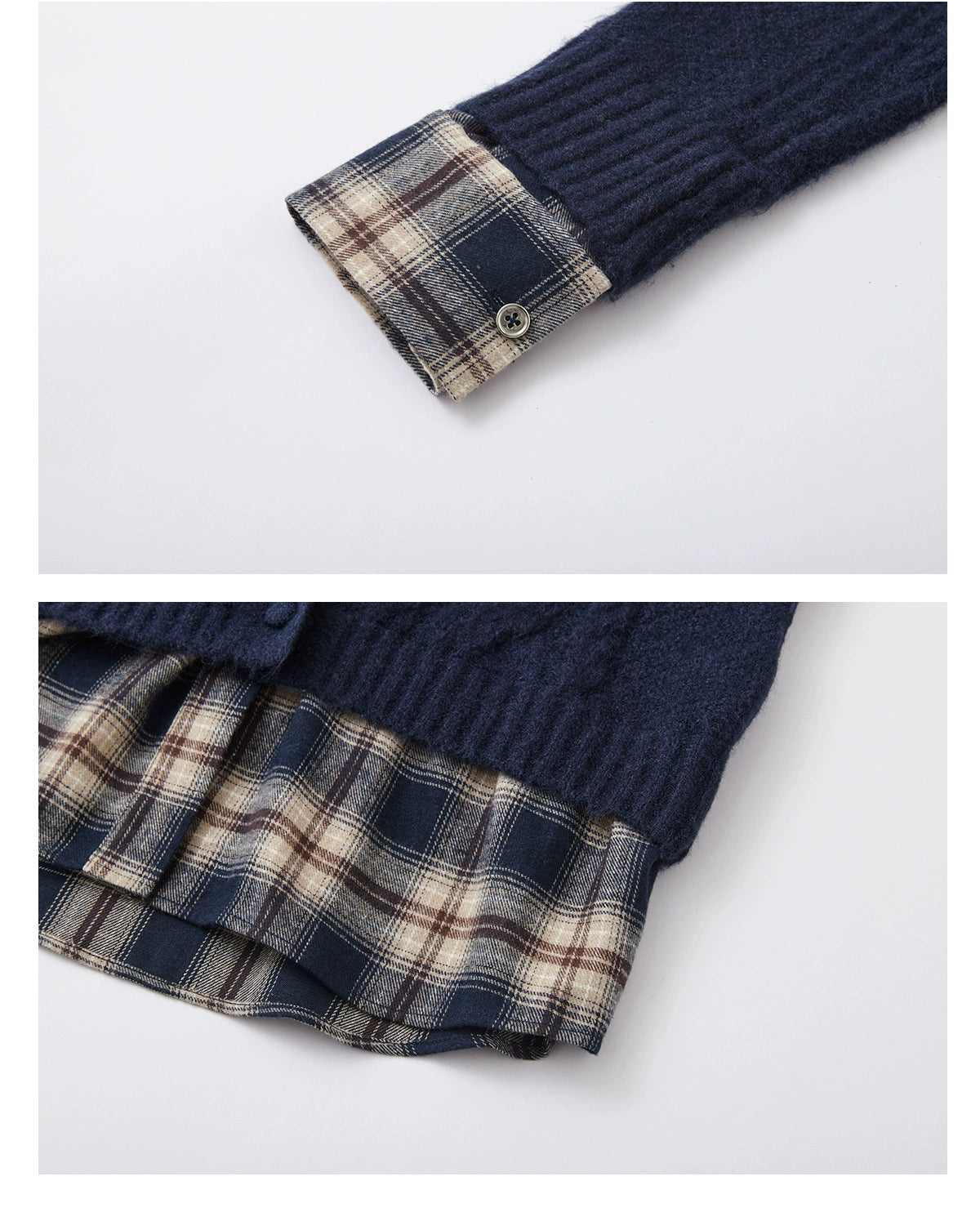 Layered Plaid Patchwork Cable Knit Cardigan