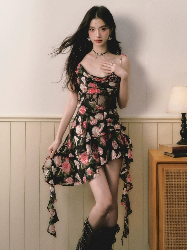 Black &amp; Pink Rose Floral Dress