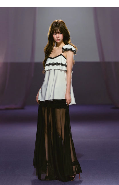 Contrast Lace Satin Off-Shoulder Camisole Top