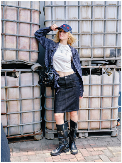Embroidered Plaid Ruffle-Edge Shirt