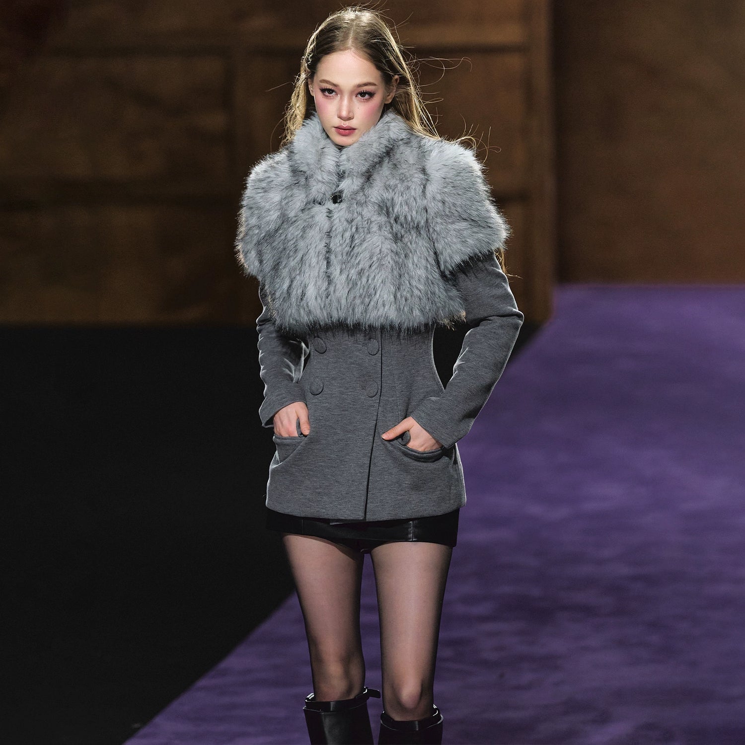 Ombre Short Faux Fur High-Neck Cropped Jacket