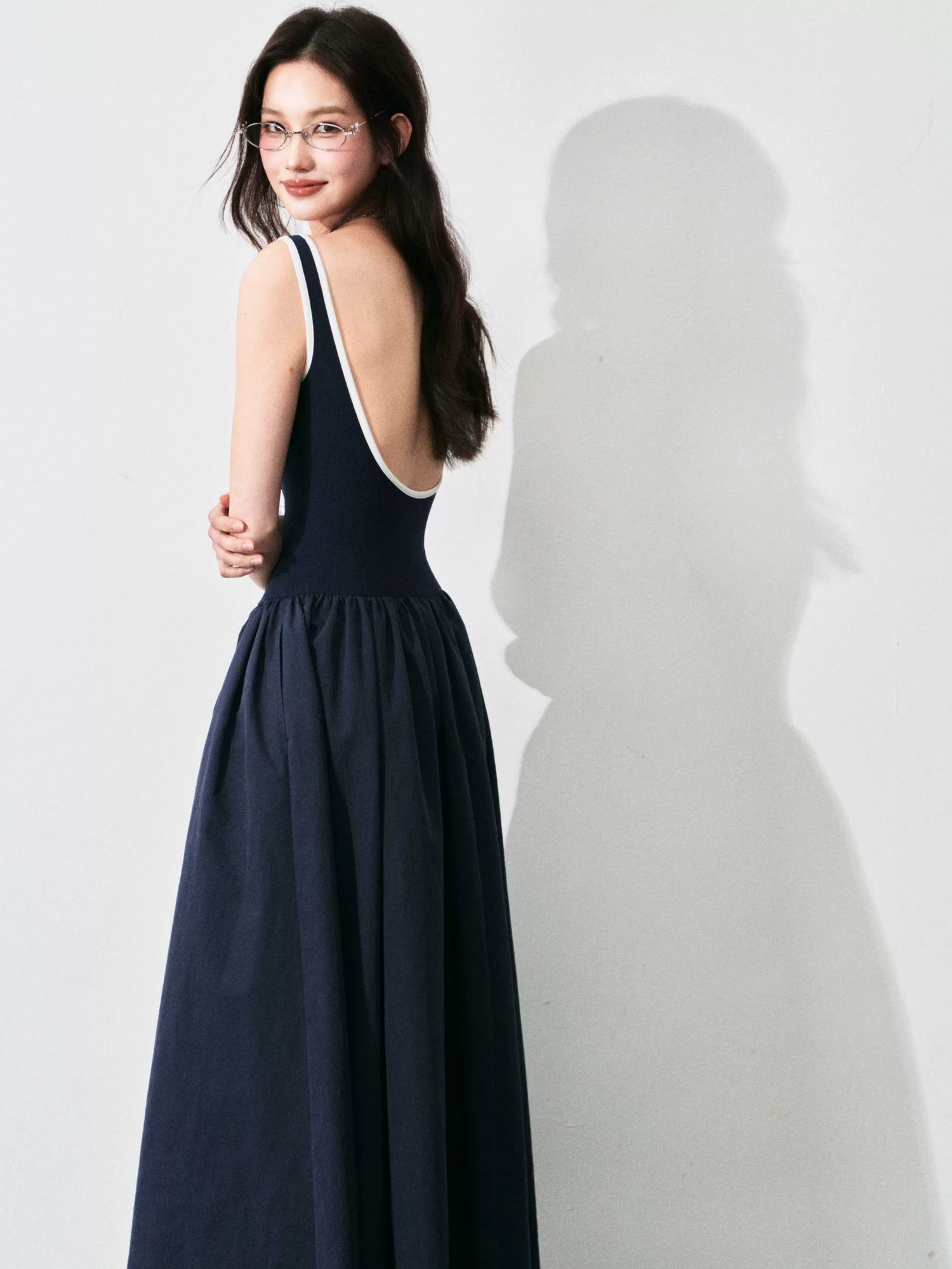 Contrast-Trim Backless Slip Maxi Dress