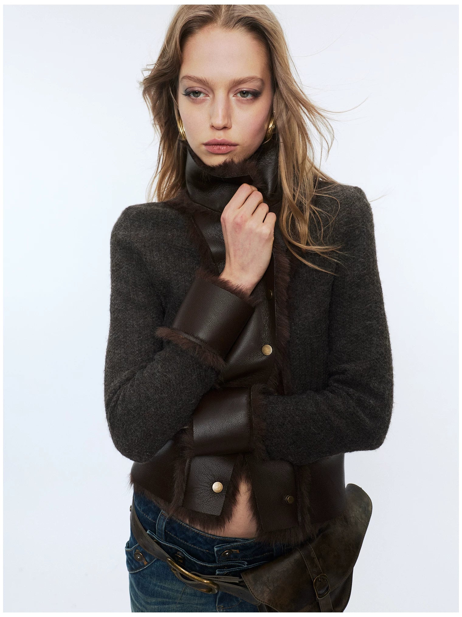 Knit Panel Faux Fur Cardigan Jacket