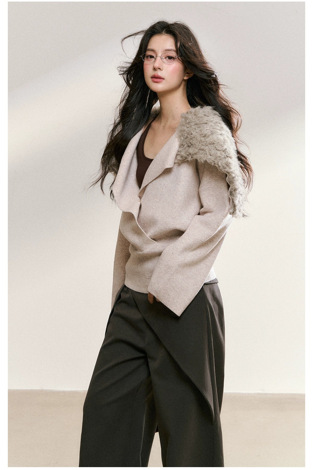 Gray Drape Wide-Leg Asymmetric Trousers
