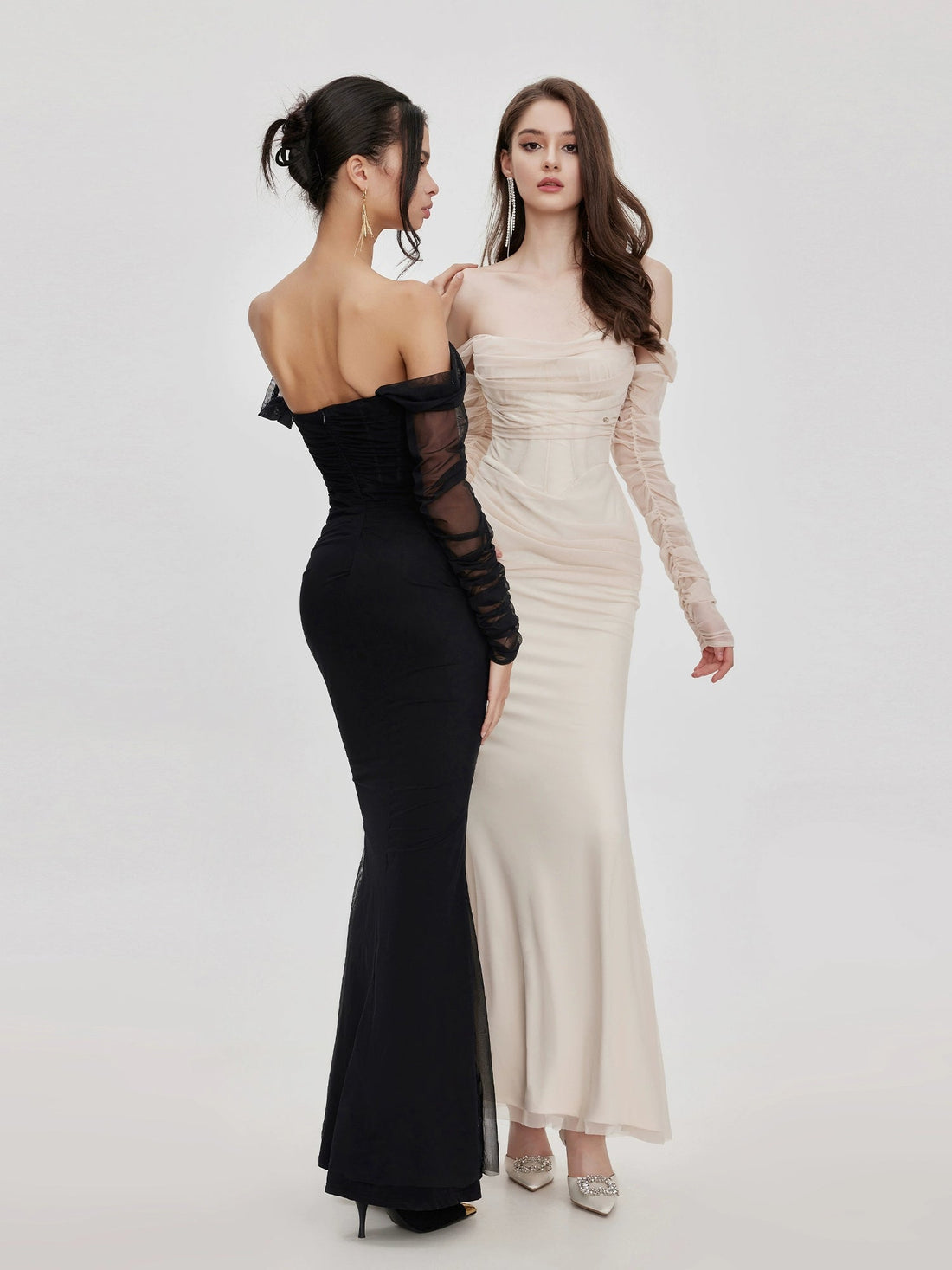 Apricot &amp; Black Mesh Off-shoulder Fishtail Dress - CHINASQUAD