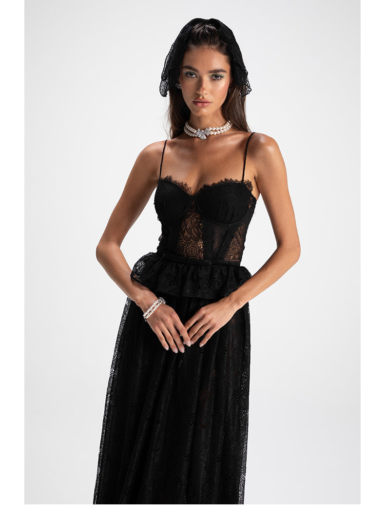 Black Lace Halter Maxi Dress - CHINASQUAD