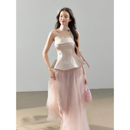 Floral Jacquard Corset Top &amp; Sheer Mesh Skirt Set