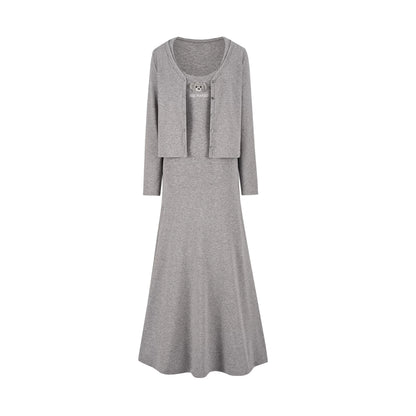 Waist-Tie Cardigan Two-Piece Long Dress Set