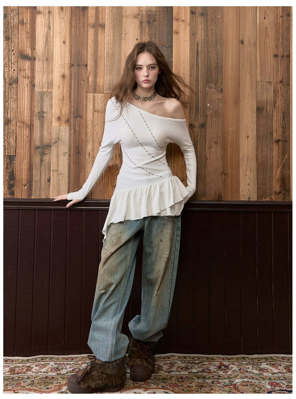 Asymmetrical Studded Off-Shoulder Midi T-Shirt