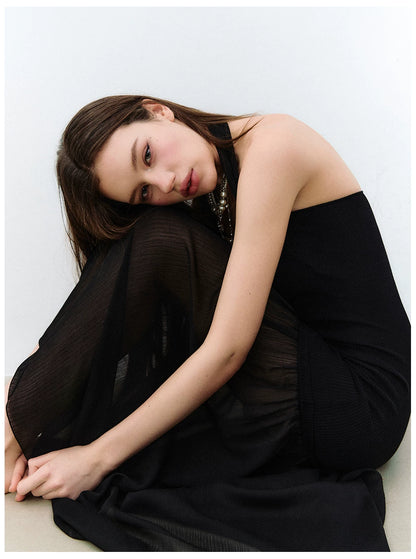 Dark Muse Spliced Mesh Halter Slim Long Dress