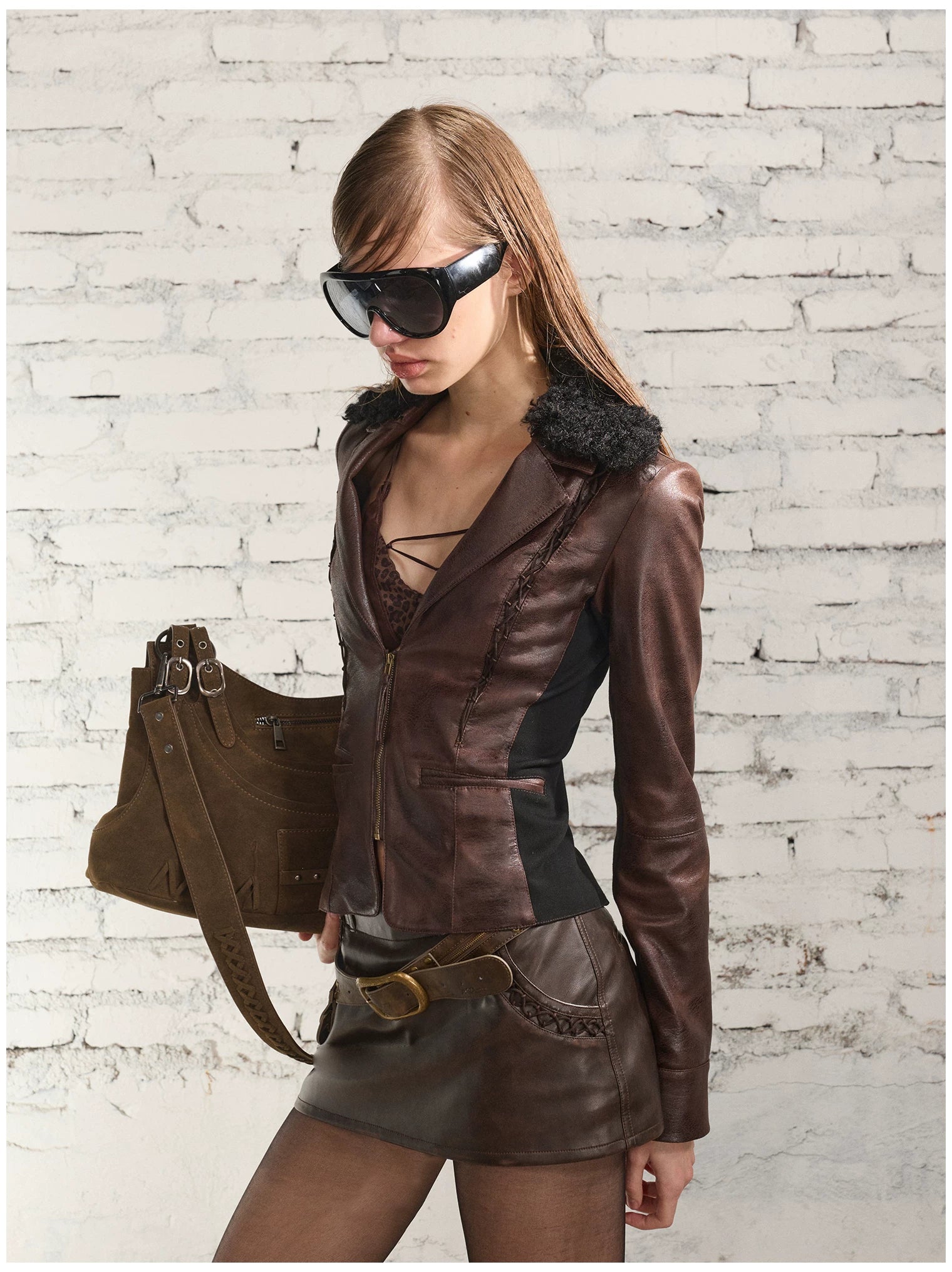 Fur-Collar Printed Leather Suit Set